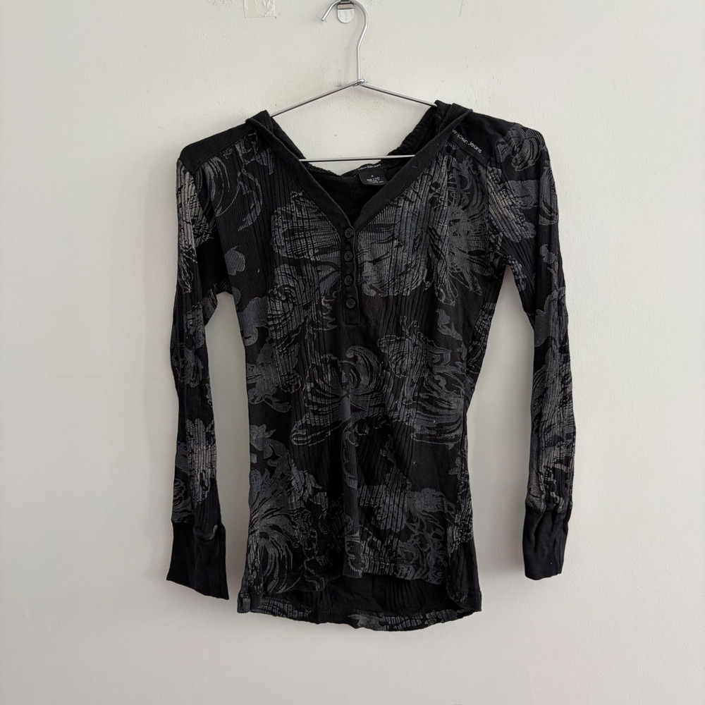 Calvin Klein Jeans Womens Black Floral Ribbed Henley Hoodie Medium